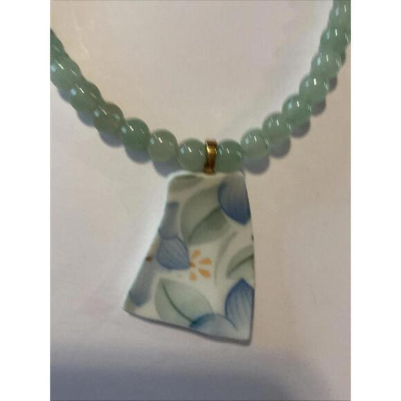Aventurine Sea Pottery Beaded Necklace Floral Tile 16” - Picture 2 of 4
